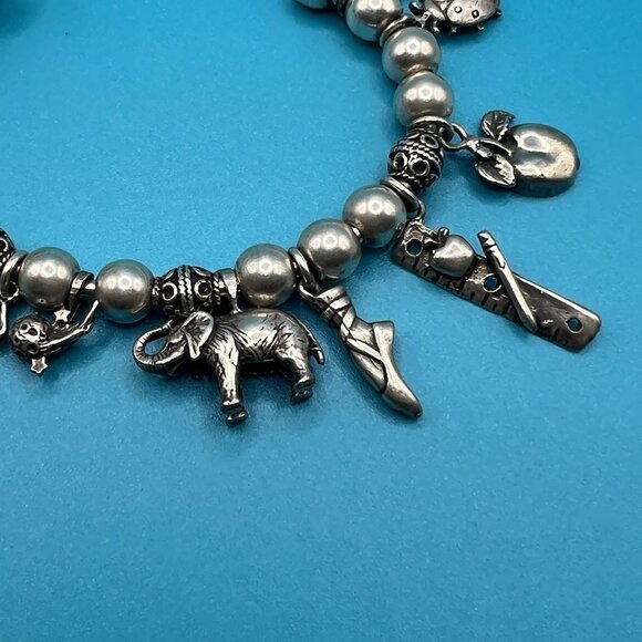 Sterling Silver 925 Charm Bracelet Cuff Beaded Ballerina Ruler Apple Elephant - Picture 9 of 11